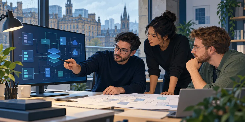 Editorial illustration of three technical colleagues collaborating around an infrastructure diagram in a Glasgow workspace.